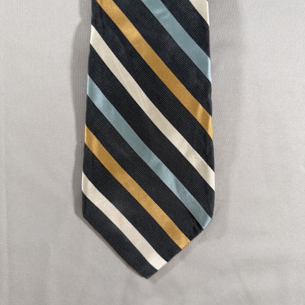 Tasso Elba Stripe 100% Silk Tie Gray Blue Gold 4" Wide 57" Long